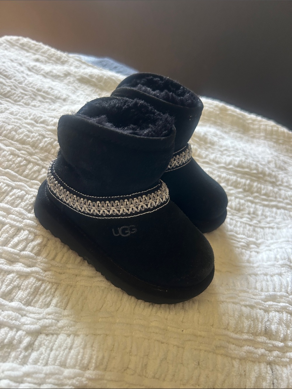 UGG Kids Black Suede Booties with Silver Braided Trim